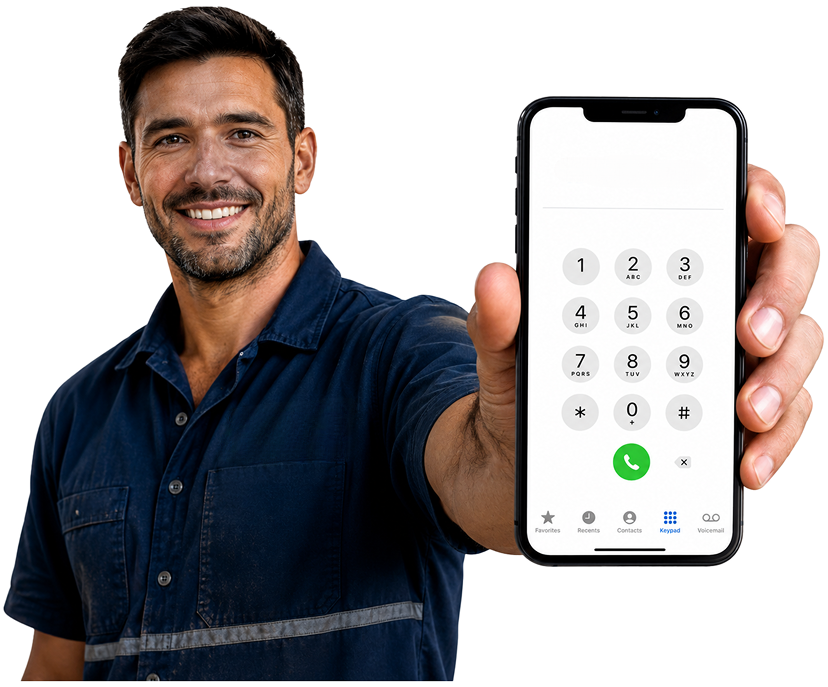 East Hills Blocked Drains plumber holding a phone — call 1300 261 965