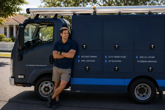 Plumber standing beside a service van in East Hills