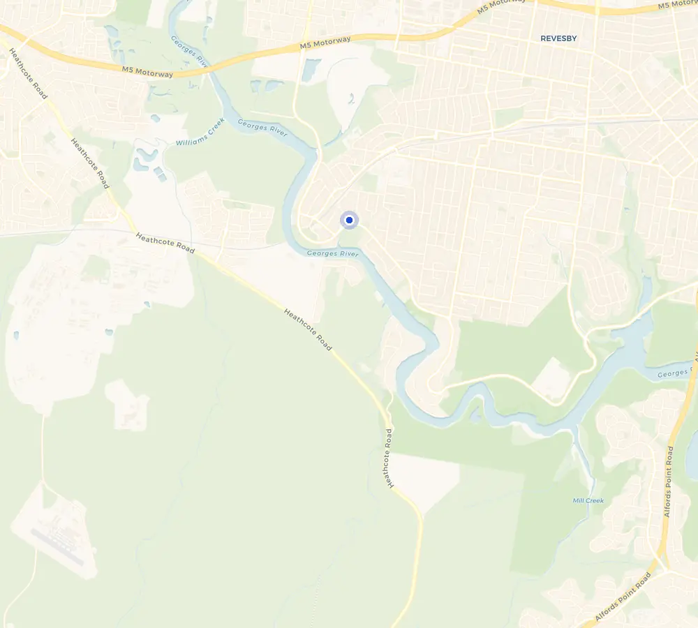 Map of the East Hills service area and the surrounding South West, showing East Hills and the nearby streets we cover.
