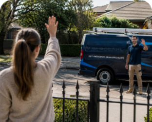Customer waving goodbye to a East Hills Blocked Drains plumber